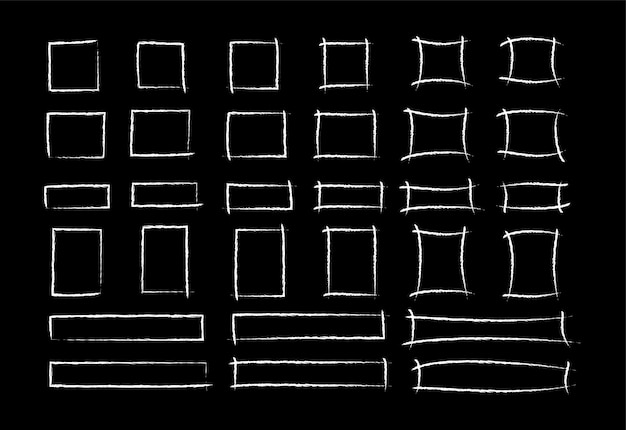 Vetor conjunto de quadro quadrado marcador de giz grupo de ilustração vetorial de retângulo desenhado à mão com giz branco