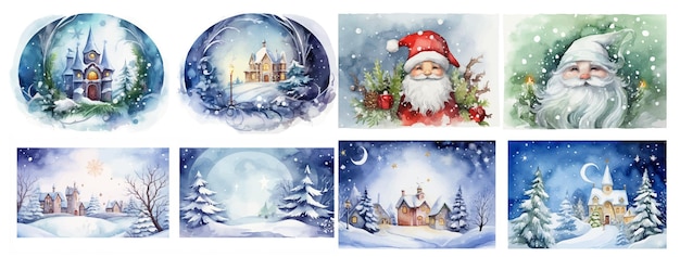 Vetor conjunto de quadros de aquarela de natal com ilustração vetorial de neve da floresta da casa de papai noel