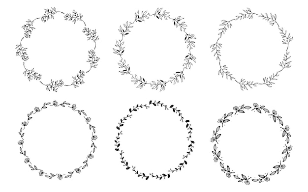 Conjunto de quadros de grinaldas florais redondas doodle desenhados à mão. Linha de flores e elementos de design de molduras de círculo de folhas para casamento, dia das mães, aniversário, convites.