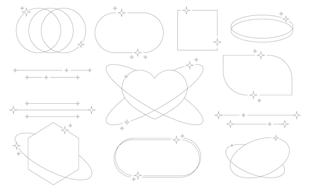 Vetor conjunto de quadros de linhas geométricas estéticas abstratas e formas com estrelas boho brutalismo estilo y2k