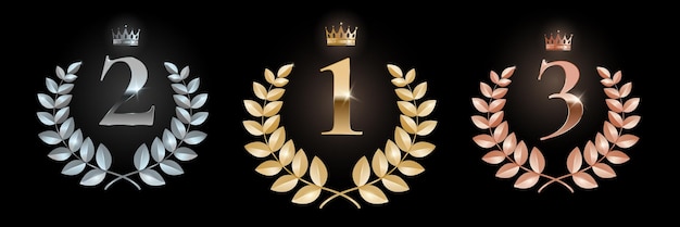 Conjunto de quadros de ouro, prata e bronze com coroas de louro e coroas Primeiro segundo terceiro lugar modelo premium de vetor
