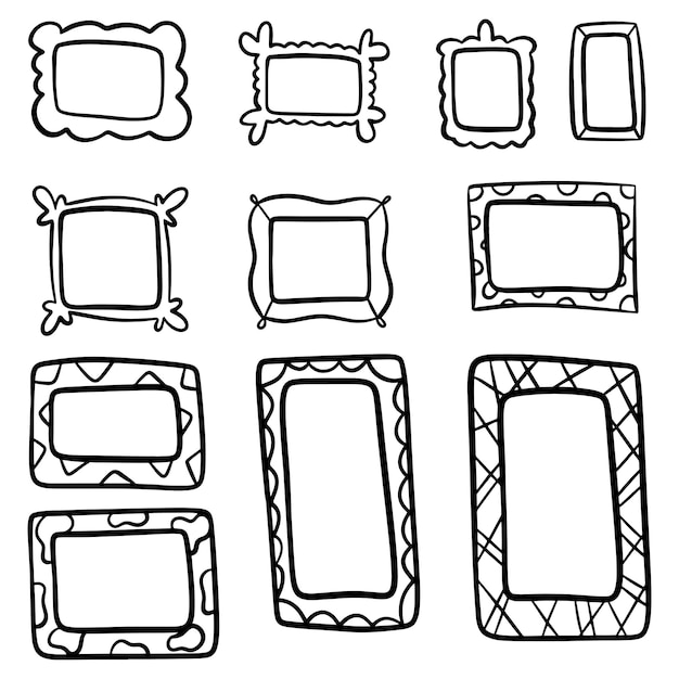 Conjunto de quadros de rabiscos desenhados à mão quadrados elementos de design de bordas vetoriais Estilo cômico dos desenhos animados