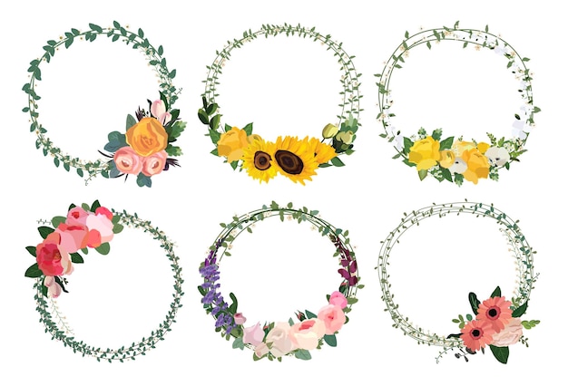 Conjunto de quadros florais de coroa de flores linda ilustração vetorial