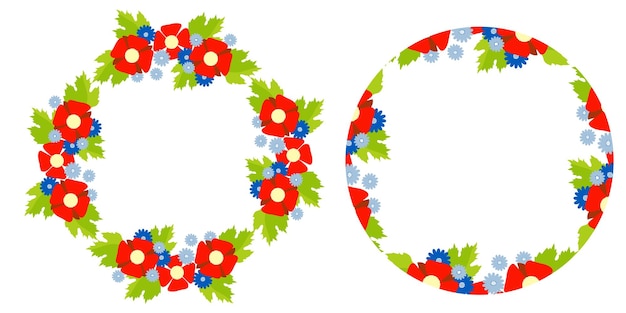 Conjunto de quadros redondos com papoilas vermelhas decorativas de padrão floral e malvas e flores azuis