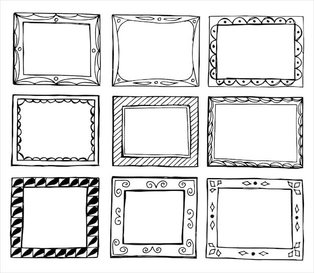 Vetor conjunto de quadros retangulares em estilo doodle desenhado à mão