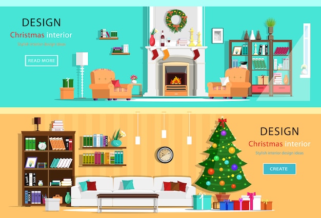 Conjunto de quartos coloridos de casa de design de interiores de natal com ícones de móveis. guirlanda de natal, árvore de natal, lareira. ilustração de estilo simples