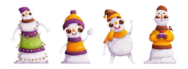 Conjunto de quatro bonitos bonecos de neve de desenho animado personagens emocionais detalhados bonecos de gelo no inverno chapéus quentes e camisolas de tricô mostrando surpresa alegria saudação e calma