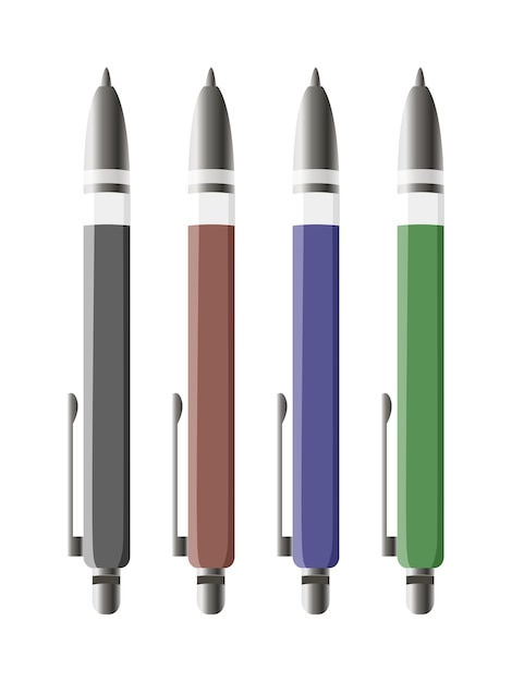 Vetor conjunto de quatro canetas esferográficas automáticas, vermelhas, cinzas, verdes e azuis isoladas em fundo branco