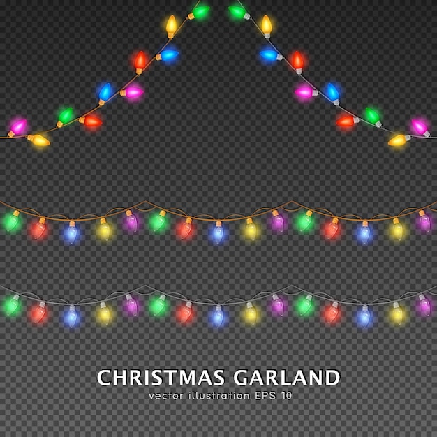 Conjunto de quatro canto colorido e luzes de guirlanda de natal sem costura. lâmpadas festivas brilhantes 3d no fio