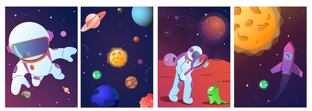 Conjunto de quatro cartazes espaciais coloridos ou designs de cartão com planetas astronautas no céu e um foguete ...