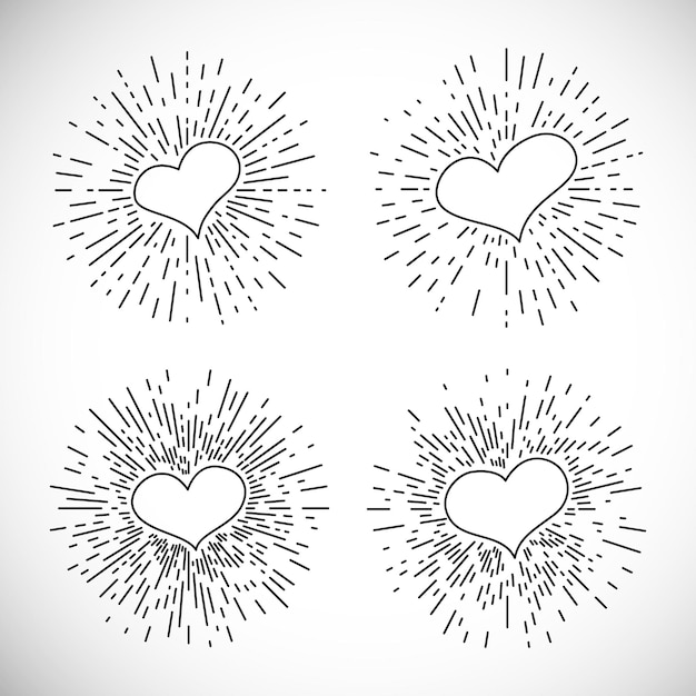 Conjunto de quatro corações com ilustração vetorial de elemento de design retrô de raios de explosão vintage desenhados à mão