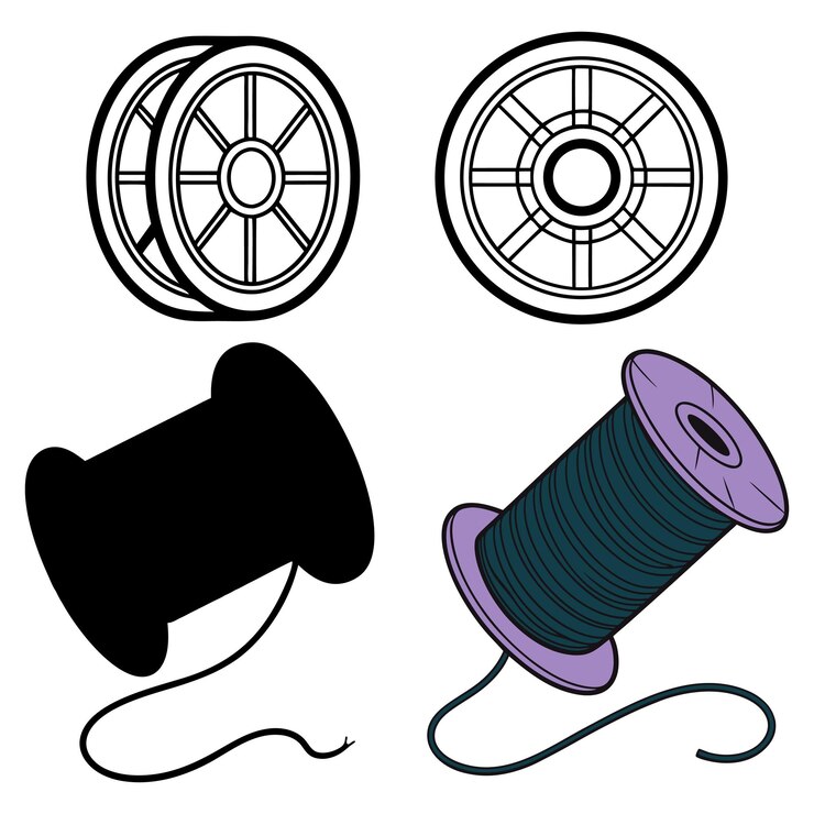 Vetor conjunto de quatro desenhos artísticos de bobinas com ilustrações em preto e branco e um vetor colorido