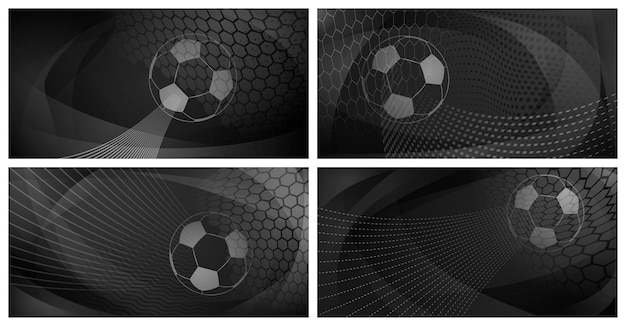 Conjunto de quatro fundos de futebol ou futebol com bola grande em cores pretas e cinzas