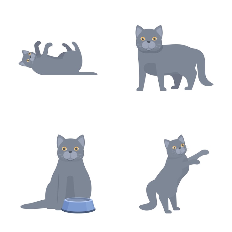 Vetor conjunto de quatro gatos de desenho animado bonitos em várias poses lúdicas com fundos simples