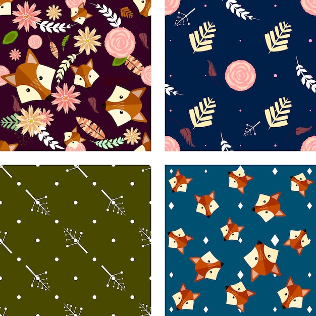 Vetor conjunto de quatro padrões sem costura com elementos florais e raposas
