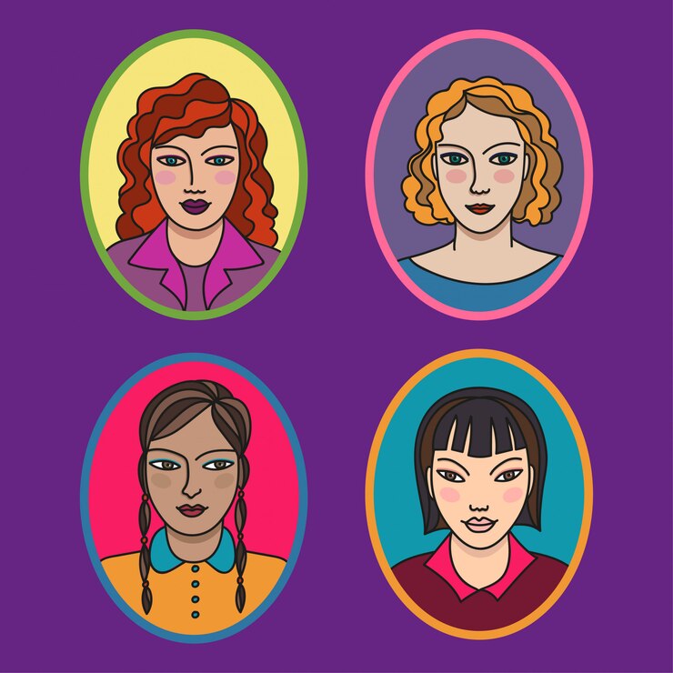 Vetor conjunto de quatro retratos de desenho animado de jovens senhoras
