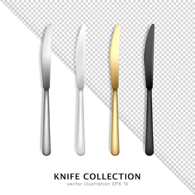 Conjunto de quatro talheres de aço e plástico realistas. vista superior de facas douradas e pretas brancas prateadas 3d