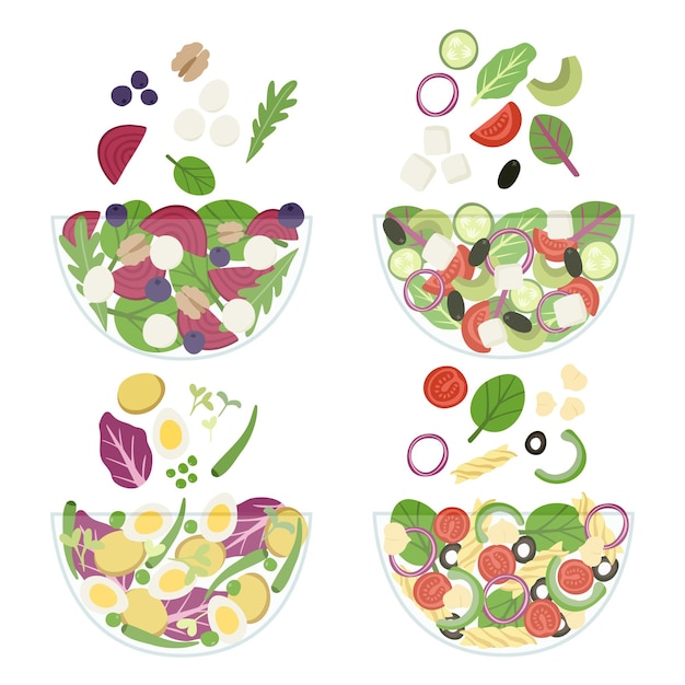 Conjunto de quatro várias tigelas de salada coloridas ilustração de estilo plano