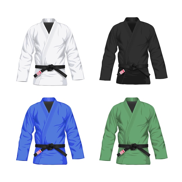 Vetor conjunto de quimonos de bjj em cores diferentes com ilustração realista de vetor de faixa preta branco preto