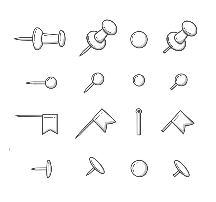 Conjunto de rabiscos com um alfinete de papelaria Ilustração vetorial desenhada à mão
