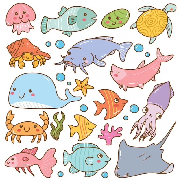Conjunto de rabiscos de animais marinhos kawaii