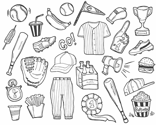 Conjunto de rabiscos de beisebol equipamento esportivo especial