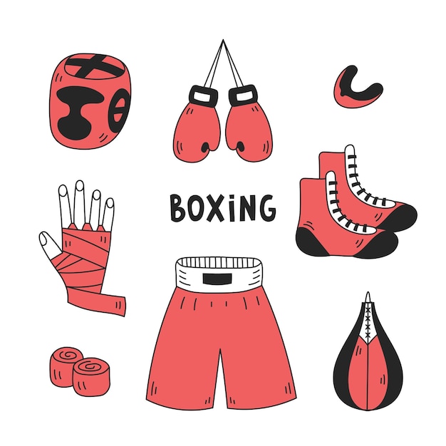 Vetor conjunto de rabiscos de equipamentos de boxe