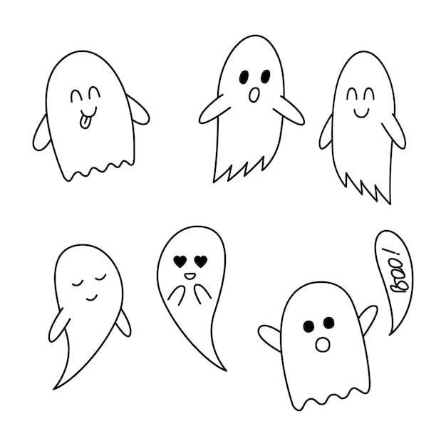 Conjunto de rabiscos de fantasmas de halloween personagens fofos de desenhos animados ilustração de contorno de clipart desenhada à mão isolada