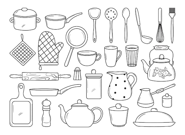 Conjunto de rabiscos de ferramentas de cozinha de contorno Silhuetas desenhadas à mão de utensílios de cozinha vintage