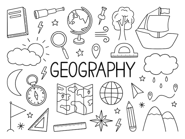 Vetor conjunto de rabiscos de geografia educação e estudo mapa conceitual bússola de navio globo em estilo de esboço