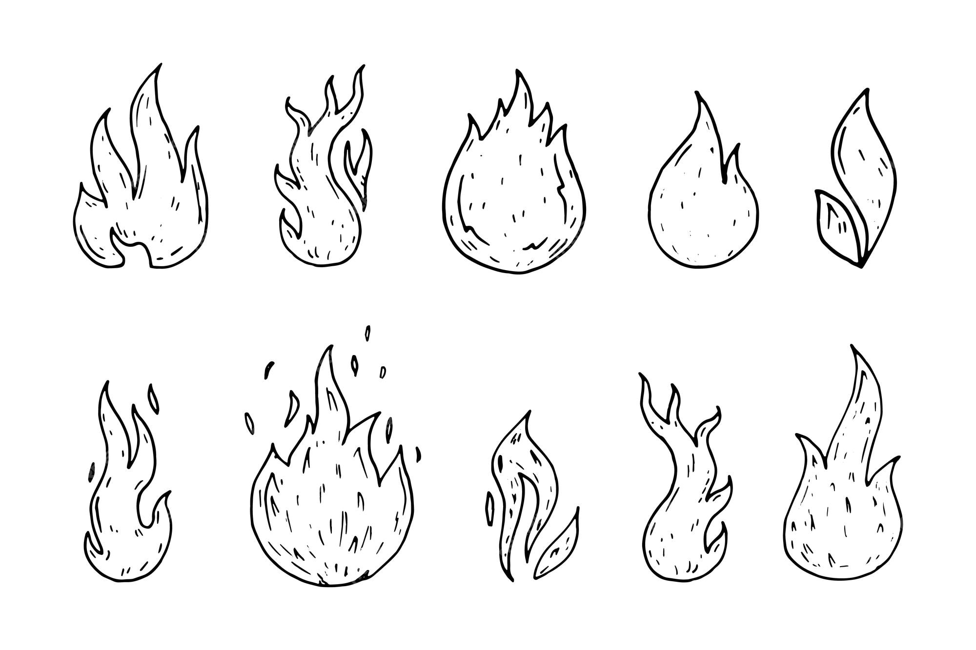 ícones de fogo desenhados à mão. conjunto de vetores de ícones de