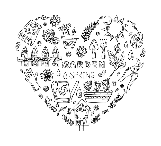 Conjunto de rabiscos de jardinagem vetorial, desenhado à mão, elementos de horticultura isolados desenhados à mão, conjunto de primavera para