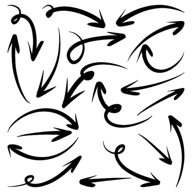 Conjunto de rabiscos de setas vetoriais desenhadas à mão na ilustração vetorial de elemento de design de fundo branco