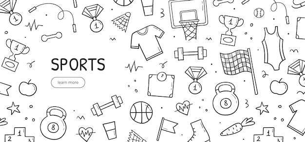 Conjunto de rabiscos desenhados à mão de itens de tema esportivo modelo de banner horizontal ilustração de estilo de esboço