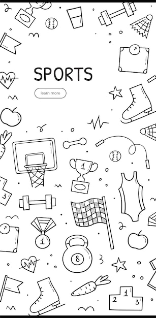 Conjunto de rabiscos desenhados à mão de tema esportivo Modelo de banner vertical Ilustração de estilo de esboço