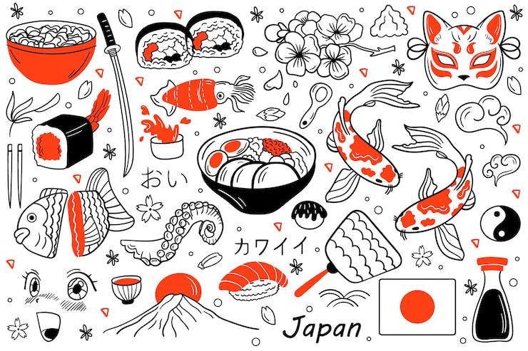 Vetor conjunto de rabiscos do japão. conjunto de esboço desenhado de mão com montanha fujiyama, sushi de comida japonesa e jogo de chá, ventilador, máscaras de teatro, katana, pagode. coleção de desenho, isolada no branco.