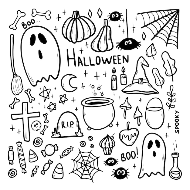 Vetor conjunto de rabiscos vetoriais de halloween ilustração desenhada à mão para o dia da véspera de todos os santos decoração simples