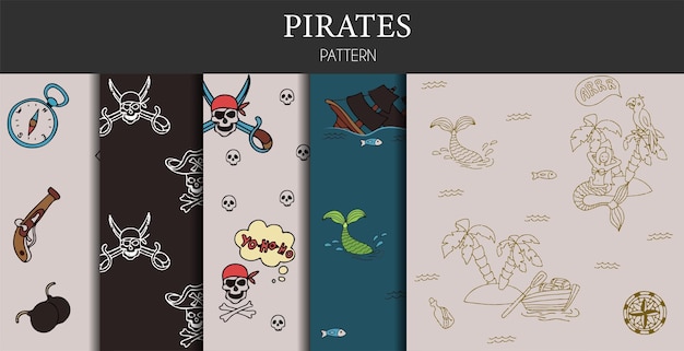 Conjunto de rabiscos vetoriais de padrões piratas sem costura um mapa com um esboço desenhado à mão de um navio sereia e pi