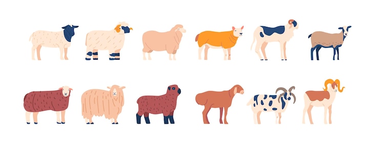 Vetor conjunto de raças de ovelhas com diferentes cores de lã e pele animais de fazenda domésticos criados para criação de lã e carne