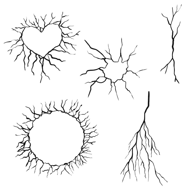 Conjunto de rachaduras de mão desenhada isolado no fundo branco. ilustração vetorial.