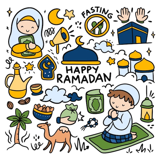 Conjunto de ramadan kawaii doodle