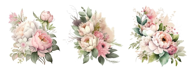 Conjunto de ramo floral flor rosa rosa folhas verdes conceito de casamento com flores