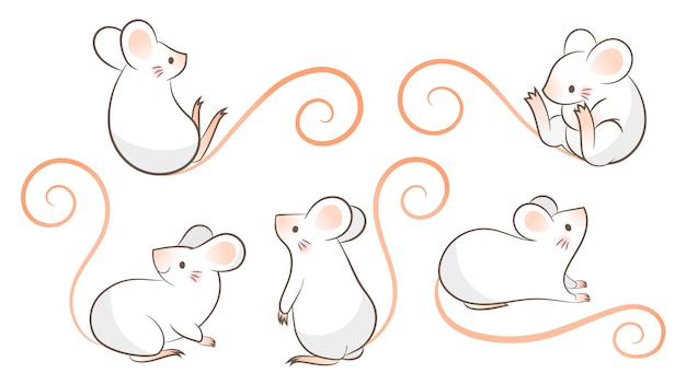 Vetor conjunto de ratos de mão desenhada, mouse em poses diferentes. ilustração vetorial, estilo doodley dos desenhos animados.