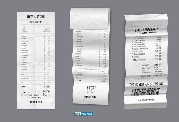 conjunto de recibo de venda de registro ou recibo de dinheiro impresso em papel branco conceito eps vetor