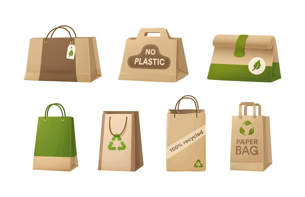 Conjunto de reciclagem de sacos de papel, papelão para transporte com logotipo ecológico