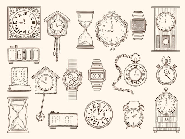 Vetor conjunto de relógios. desenho de relógios, temporizadores, alarmes, coleção de fotos.
