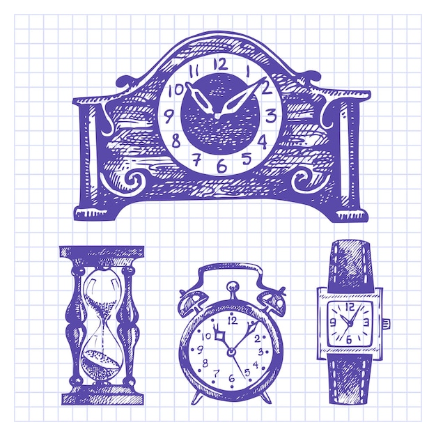 Vetor conjunto de relógios e relógios desenhado à mão