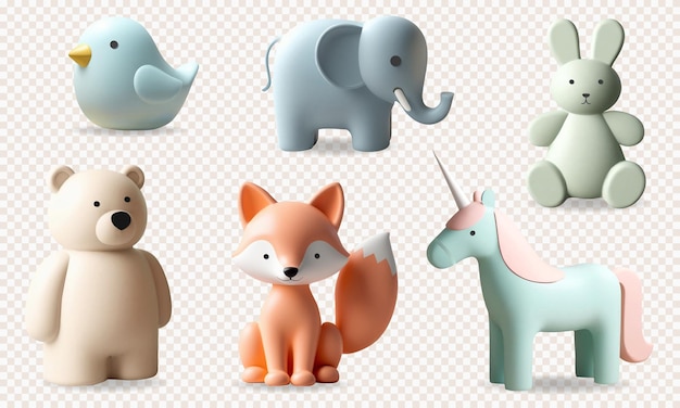 Conjunto de renderização 3D com animais bonitos brinquedos 3D para crianças urso coelho unicórnio raposa elefante pássaro em cores pastel
