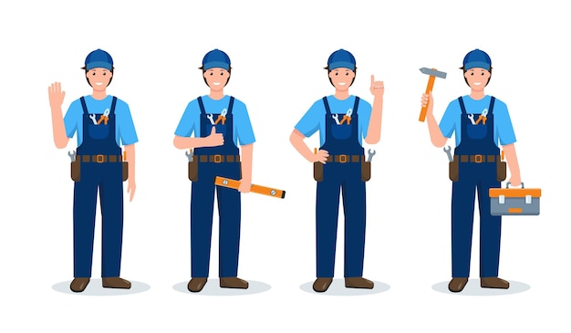 Conjunto de reparadores ou operário em diferentes poses e gestos uniformizados com ferramentas de trabalho