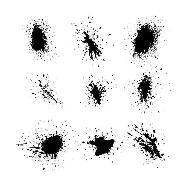 Conjunto de respingos e gotas de tinta preta diferentes elementos de design de spray desenhados à mão blobs e respingos